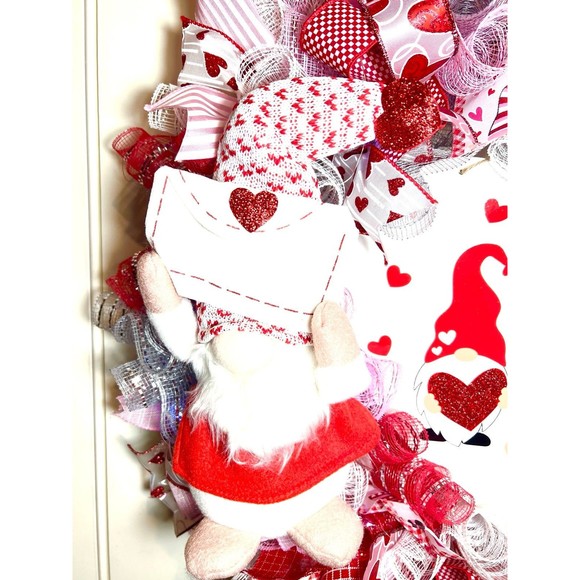 XL Handmade Valentine’s Gnome-one Like You Ribbon Prelit Wreath 26 ins LED XLW7 - Picture 4 of 12